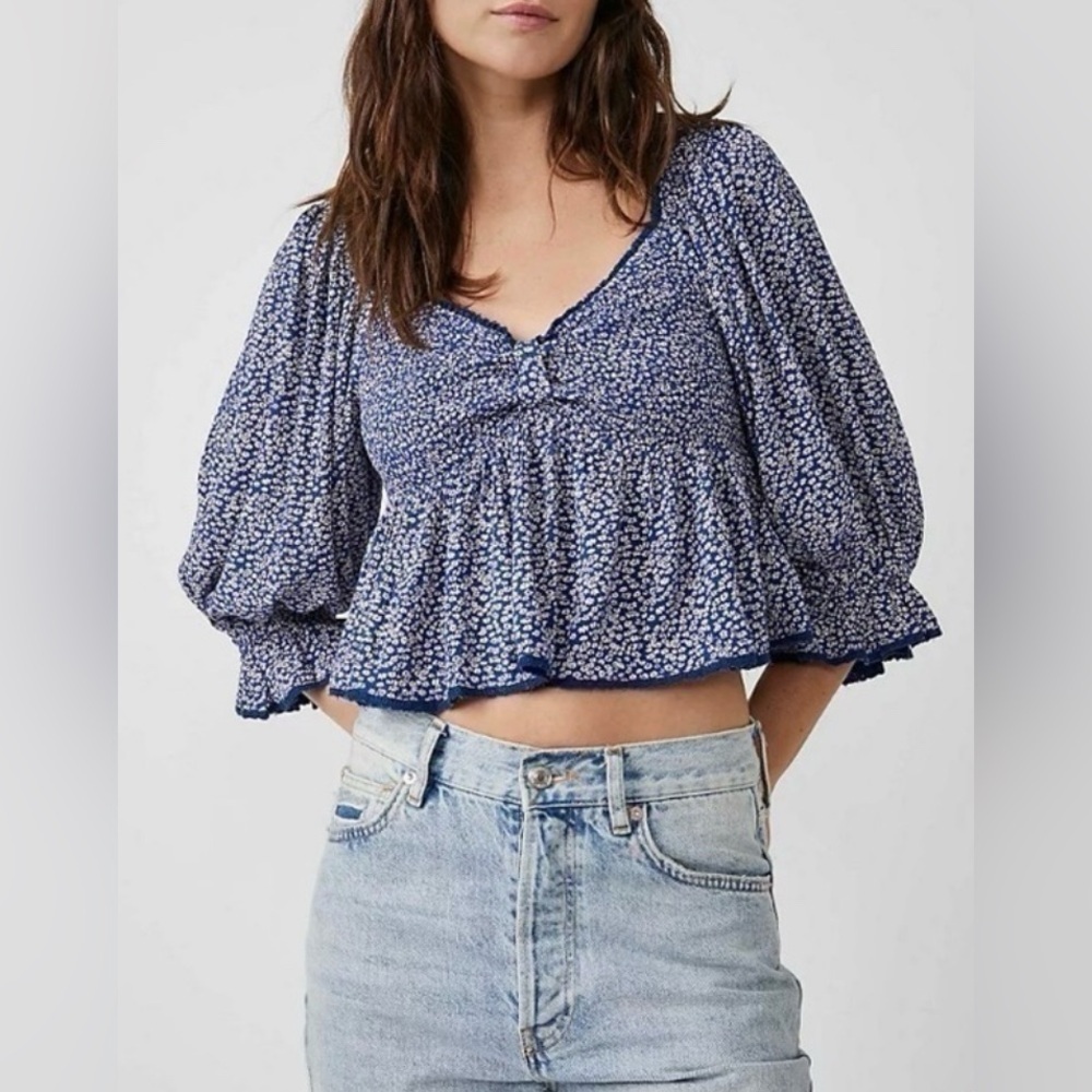 Free People Britnee Floral Cropped Peplum Smocked Puff Sleeve Top Large - Picture 2 of 10
